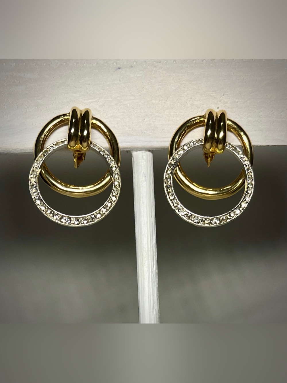 Kenneth Jay Lane SIGNED Gold-Plated Vintage Door-Knocker Earrings, Pavè Rhinesto